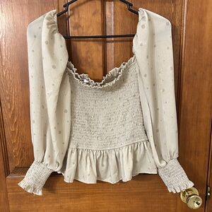 mine Cream Polka Dot Smocked Peplum Blouse